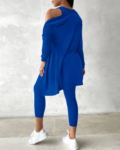 3 Piece Lounge Set Crewneck Sleeveless Tank Top Long Sleeve Open Front Coat Pants Sweatsuit