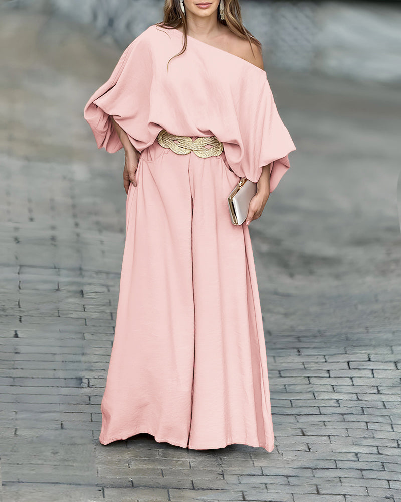 Skew Neck Lantern Sleeve Loose Top & Zipper Fly Wide Leg Pants Set without Belt