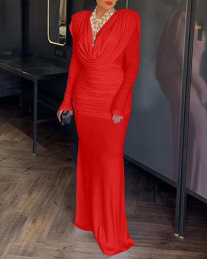 Cowl Neck Ruched Zipper Back Slim Fit Maxi Dress Casual Padded Shoulders Backless Evening Dress