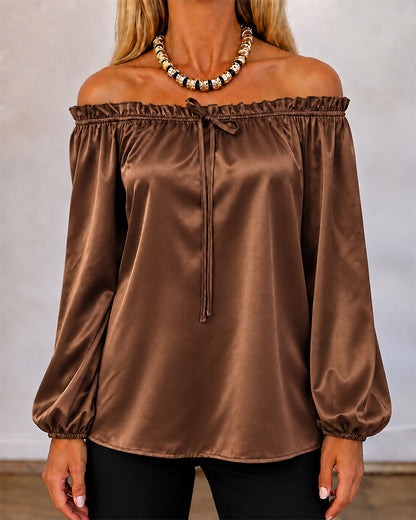 CHICMELIVE Off Shoulder Satin Tops Women Ruffle Tie Front Blouse