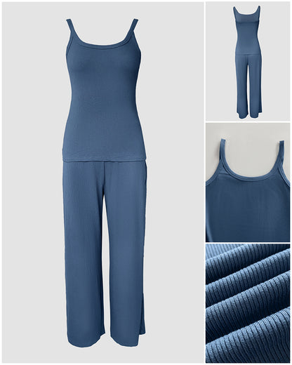 2 Pieces Outfit U-Neck Spaghetti Strap Cami Top and Elastic Waist Wide Leg Pants Set Casual Ribbed Set