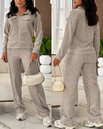 Women's Casual Tracksuit Set Zip Up Long Sleeve Lapel Jacket and High Waisted Straight Leg Pants Lounge Set with Pockets