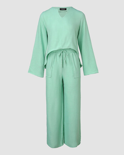 2 Piece Notch Neck Long Sleeve Asymmetrical Hem Tops Stretchy Waist Straight Leg Pants Lounge Sets Tracksuit