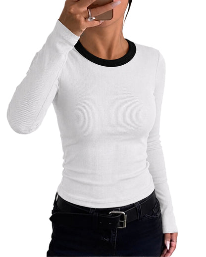 CHICMELIVE Women's Ribbed Long Sleeve Shirts Contrast Crewneck Fitted Basic Tee