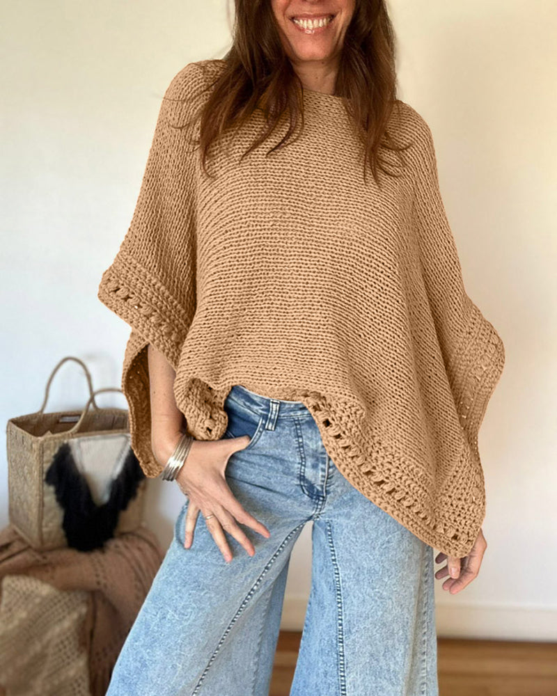 Solid Batwing Sleeve Hollow-out Crochet Pattern Top Casual Cover Up