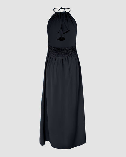 Halter Sleeveless Backless Maxi Dress Casual Shirred Back Side Slit Vacation Dress