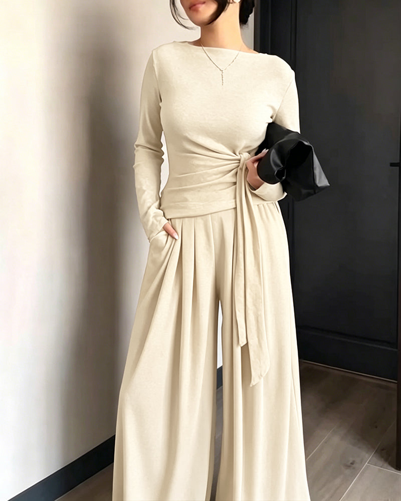 Women's 2 Piece Knit Lounge Set Long Sleeve Tie Waist Top and High Waisted Wide Leg Pants Casual Soft Sweatsuit with Pockets