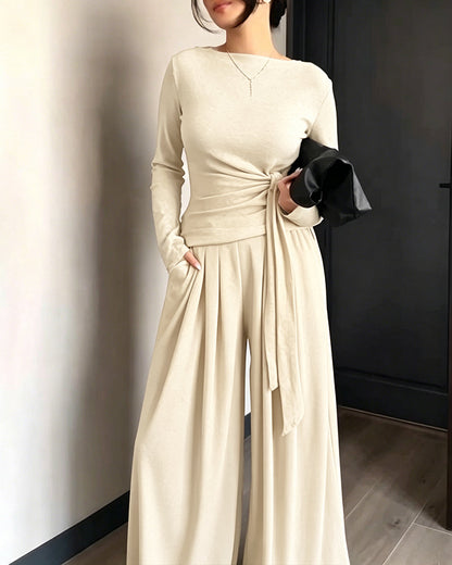 Women's 2 Piece Knit Lounge Set Long Sleeve Tie Waist Top and High Waisted Wide Leg Pants Casual Soft Sweatsuit with Pockets