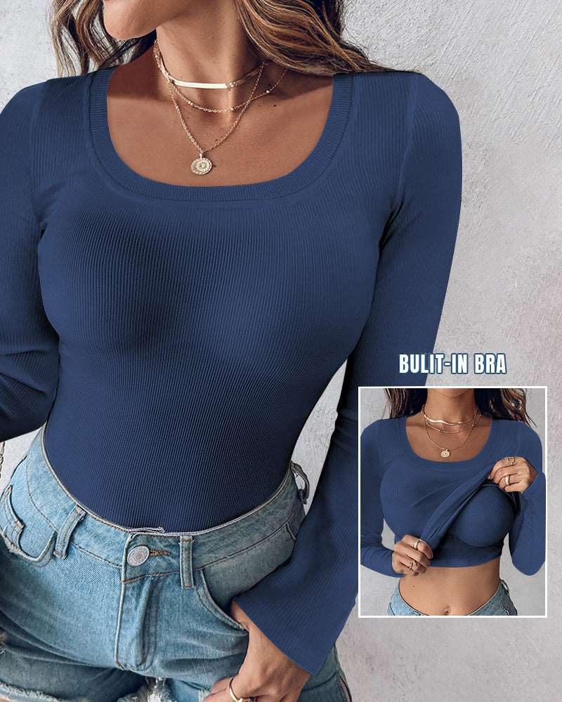ChicMe Built-in Bra U-Neck Long Sleeve Ribbed Top