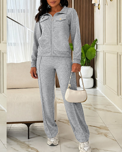 CHICMELIVE Women's 2 Piece Tracksuit Lapel Zip Jacket High Waist Pants Set