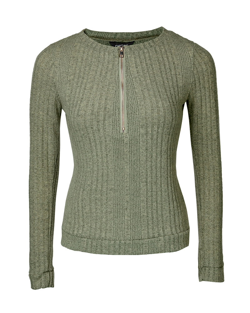Crewneck Long Sleeve Ribbed Top Half Zipper Design Casual Pullover Tops