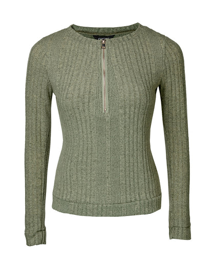 Crewneck Long Sleeve Ribbed Top Half Zipper Design Casual Pullover Tops