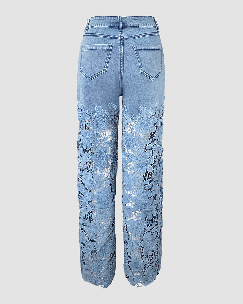 Guipure Lace Spliced High Waist Zipper Fly Wide Leg Washed Jeans