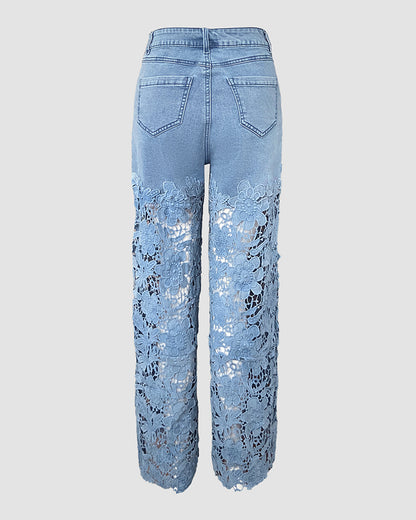 Guipure Lace Spliced High Waist Zipper Fly Wide Leg Washed Jeans