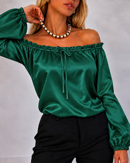CHICMELIVE Off Shoulder Satin Tops Women Ruffle Tie Front Blouse