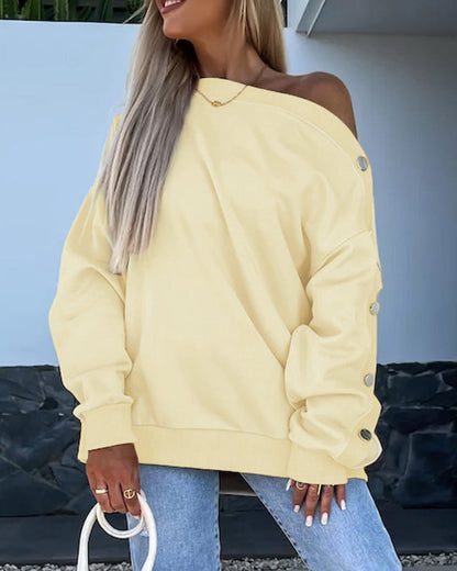 Skew Neck Buttoned Sweatshirt Casual Long Sleeve Pullover Tops Outfits