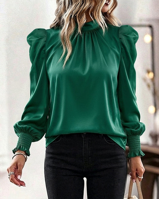 Women's Satin Blouse Mock Neck Puff Sleeve Shirt Back Tie Bow Elegant Ruched Shirt Shirred Frill Cuff Work Top