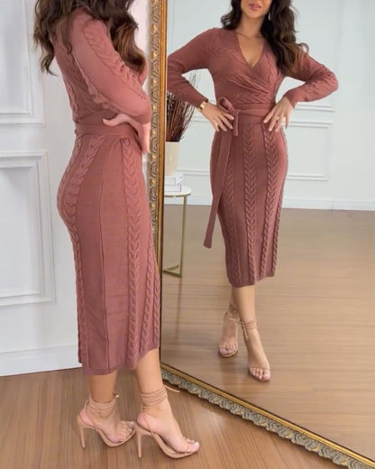 Cable Textured Overlap Deep V-Neck Long Sleeve Mid-Length Dress Tie Waist Slim Fit Knit Dress