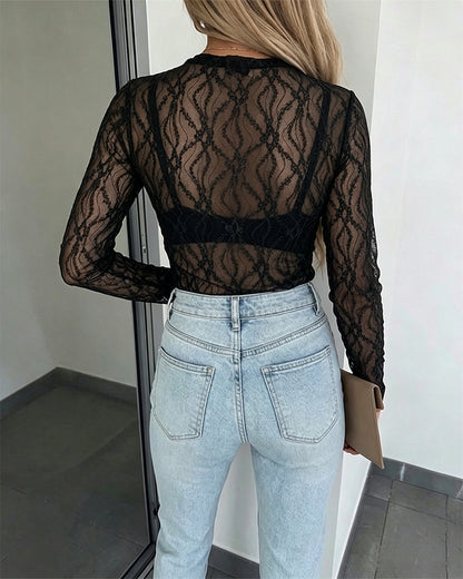 CHICMELIVE Lace Top Sheer Mesh Fitted Shirts for Women with Thumb Holes