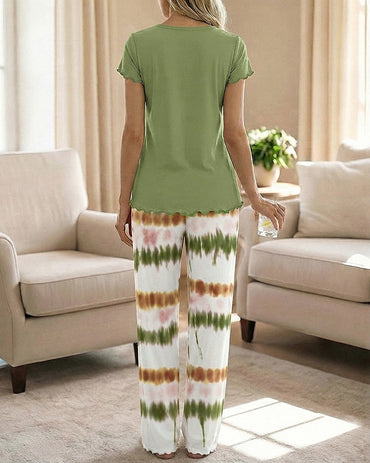 Women's Two Piece Pajama Set Faith Letter Print Short Sleeve Top and Tie Dye Straight Leg Pants Casual Lounge Set