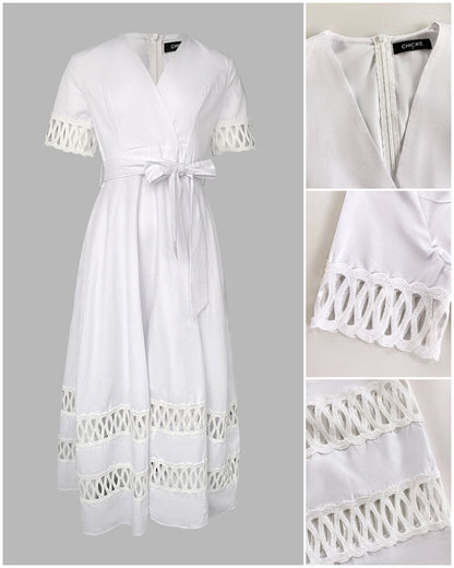 Overlap Deep V-Neck Hollow-out Spliced High Waist Maxi Dress Casual Zipper Back Tie Waist Vacation Dress
