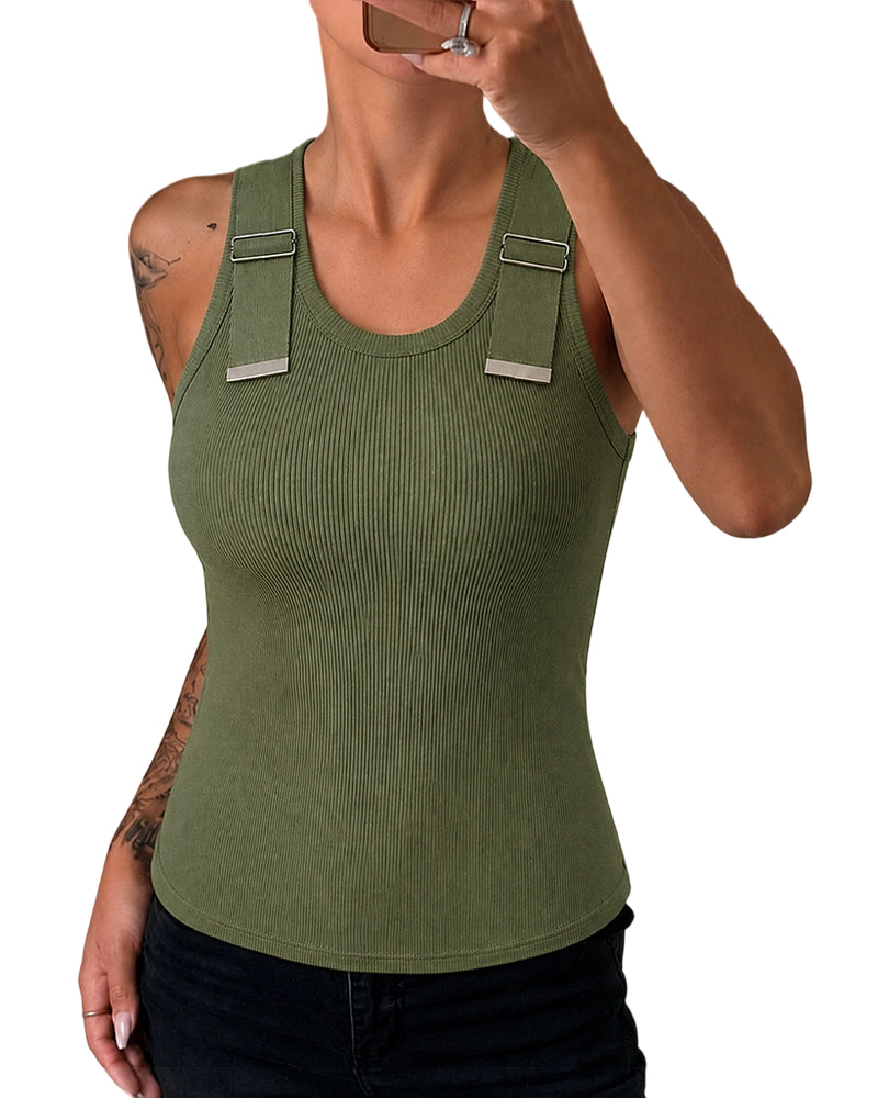 CHICMELIVE Women's Buckle Decor Ribbed Tank Tops Cami Shirts