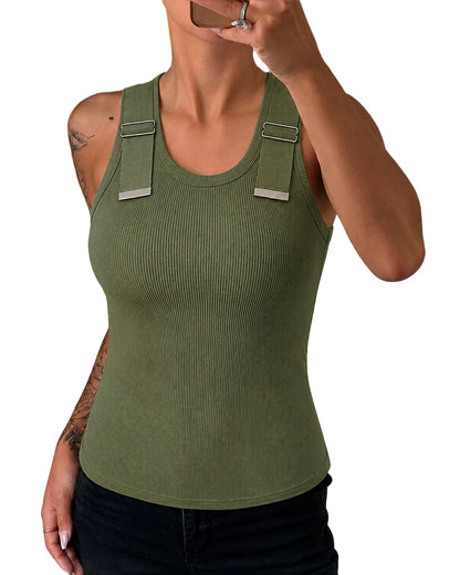 CHICMELIVE Women's Buckle Decor Ribbed Tank Tops Cami Shirts