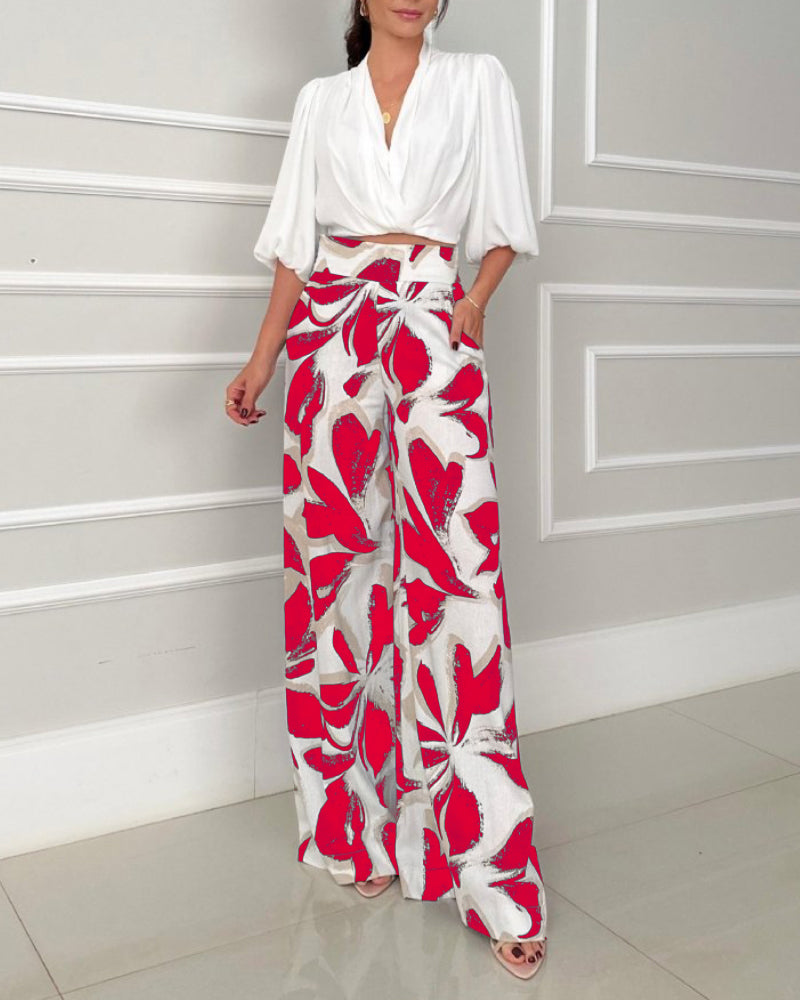2 Pieces Outfit Wrap Plunge V Neck Crop Blouse and Casual Floral Print Wide Leg Pants Set