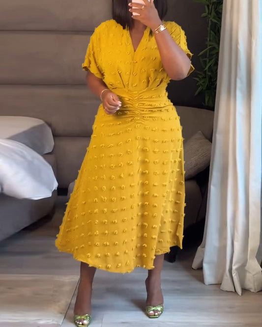 3D Decor Overlap V Neck Short Sleeve Cinched Waist Mid-length Dress Casual Ruched Waist Zipper Back Vacation Dress