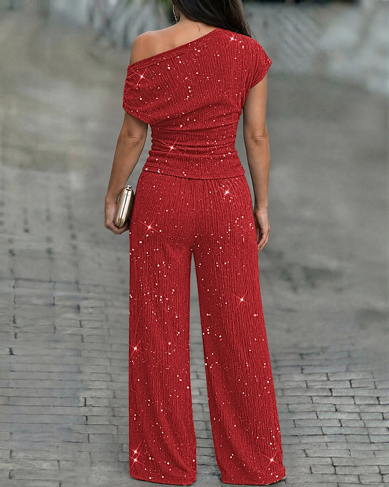 CHICMELIVE Women's Glitter 2 Piece Set One Shoulder Top Wide Leg Pants
