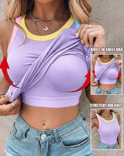 CHICMELIVE Womens Sleeveless Ribbed Built in Bra Tank Top-Lighted Blue-X-Large