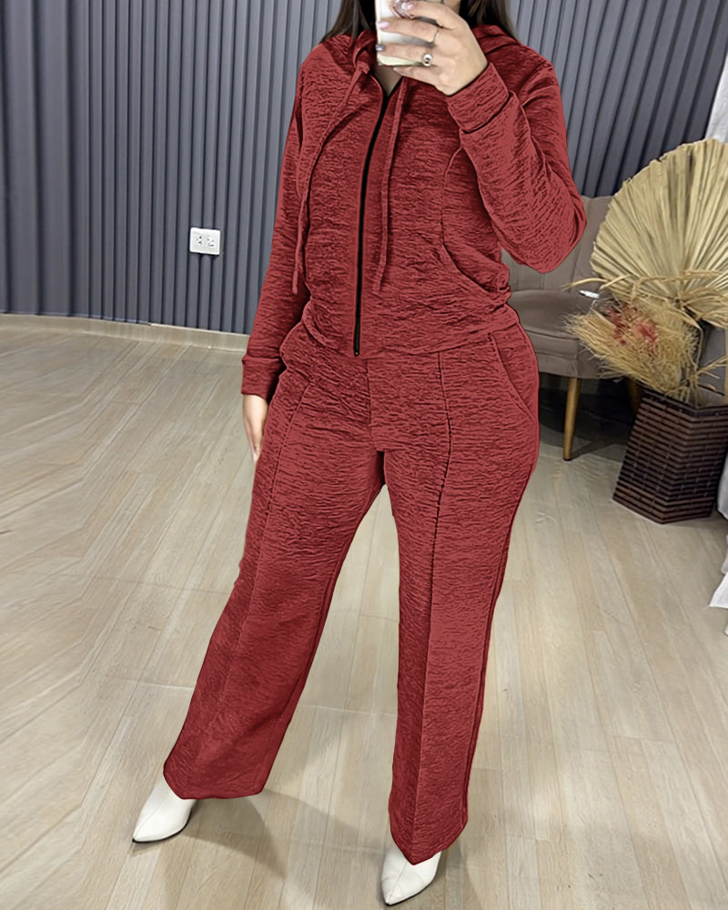 2 Pieces Outfit Long Sleeve Zip Up Drawstring Hoodie Coat and Casual Elastic Waist Seam Front Wide Leg Pants Set