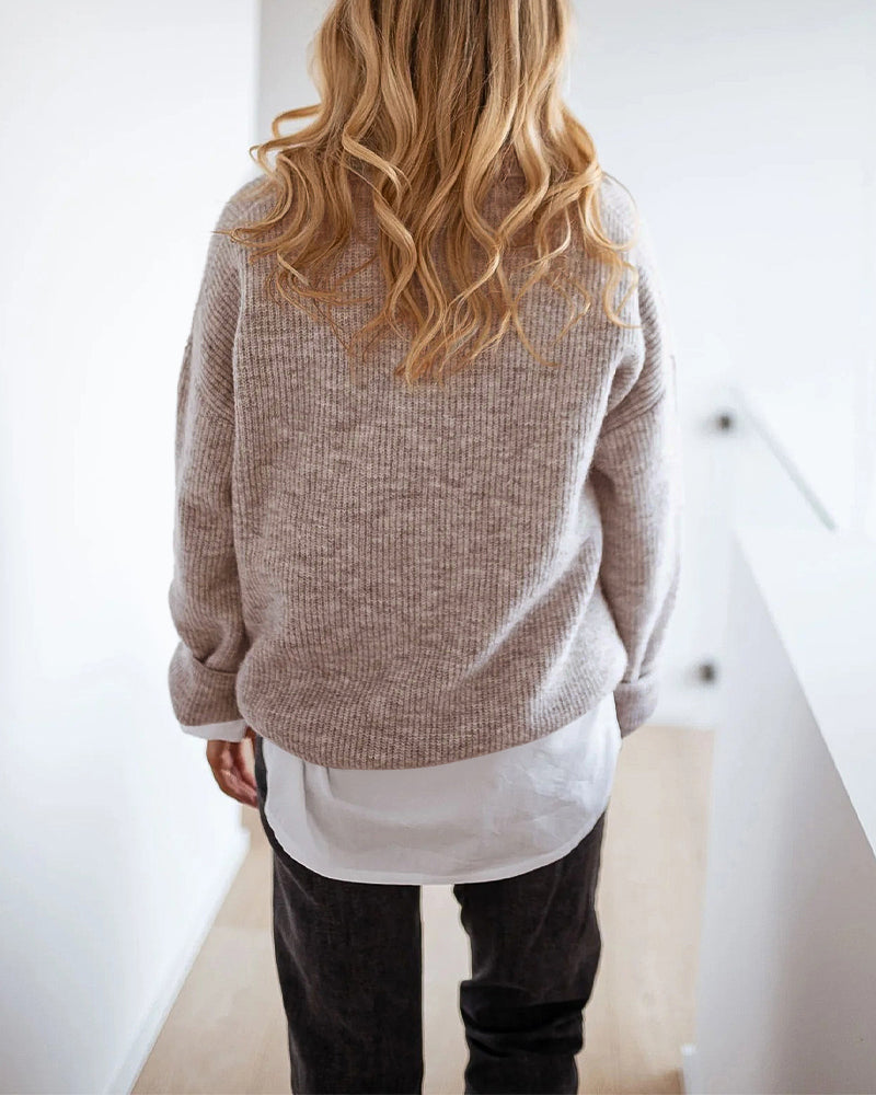 Women's Rib-Knit Polo Sweater V-Neck Collared Long Sleeve Pullover Loose Fit Drop Shoulder Top