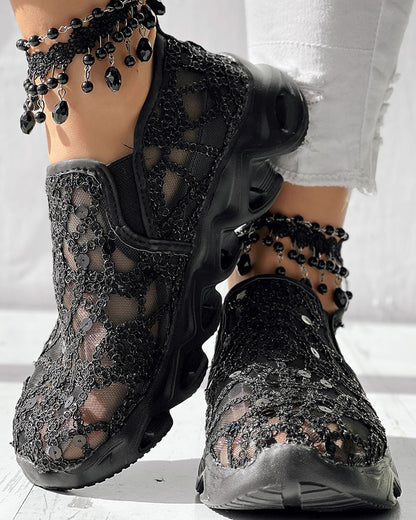 Contrast Sequin Sheer Mesh Patch Breathable Sneakers