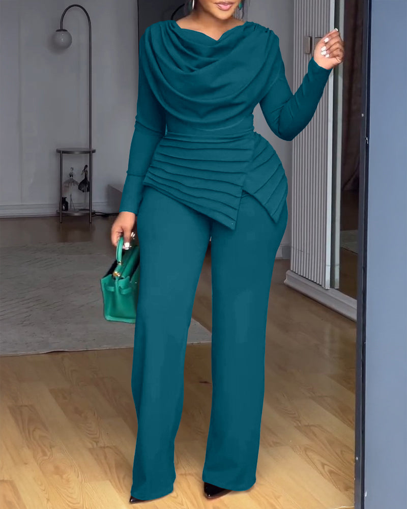 Cowl Neck Asymmetrical Textured Patchwork Cinched Waist Jumpsuit Casual Zipper Back Wide Leg Jumpsuit