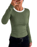 CHICMELIVE Women's Ribbed Long Sleeve Shirts Contrast Crewneck Fitted Basic Tee