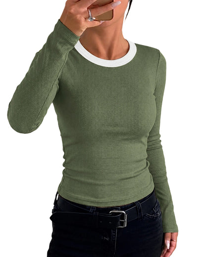 CHICMELIVE Women's Ribbed Long Sleeve Shirts Contrast Crewneck Fitted Basic Tee