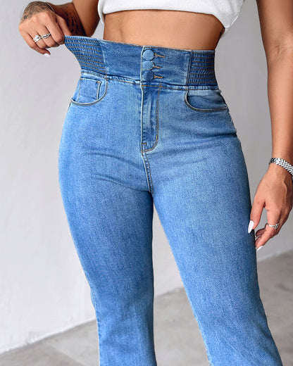 ChicMe CurveEase Back Shirred Button Front High Waist Jeans Skinny Flared Denim Jeggings