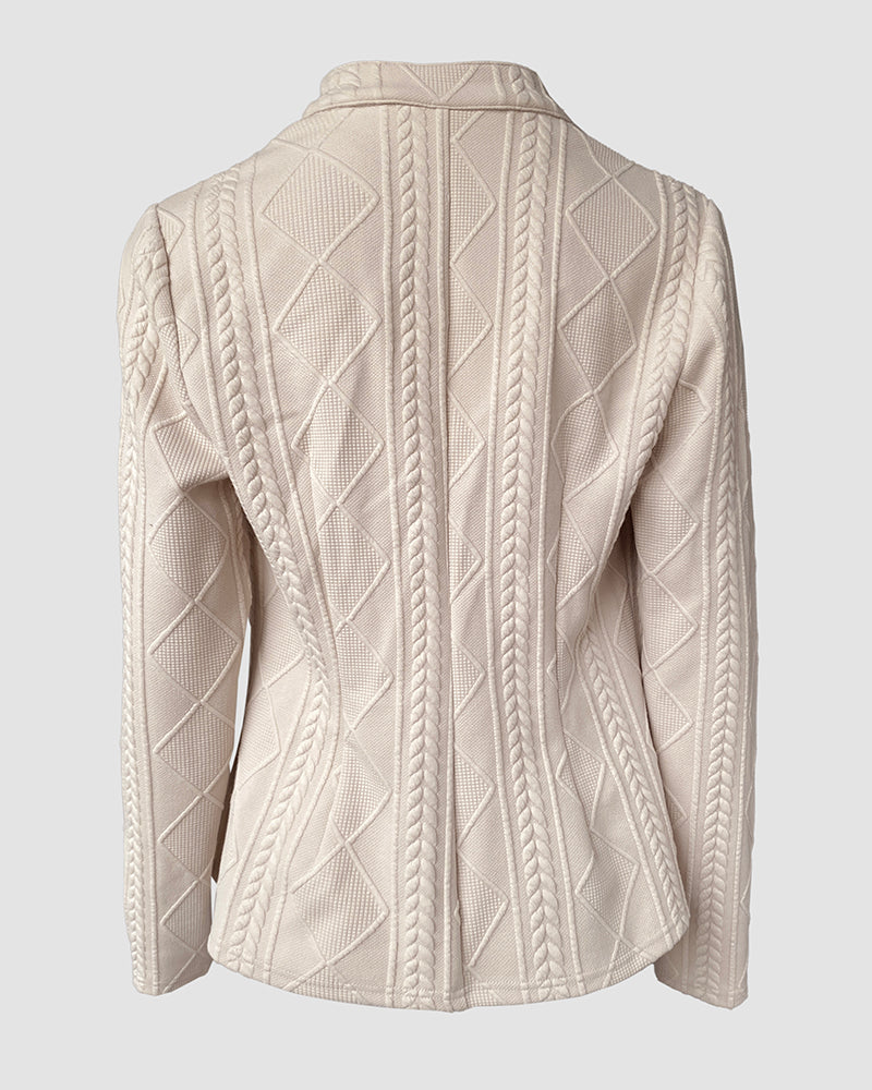 Metal Double Breasted Decor Stand Collar Argyle & Cable Textured Coat