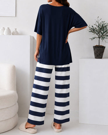 Women's Loungewear Set Anchor Print Side Slit Top and Striped Straight Leg Pants Set Casual Pajamas Set with Pockets