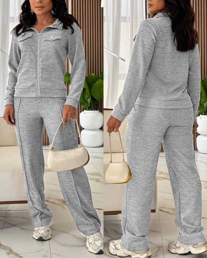 CHICMELIVE Women's 2 Piece Tracksuit Lapel Zip Jacket High Waist Pants Set