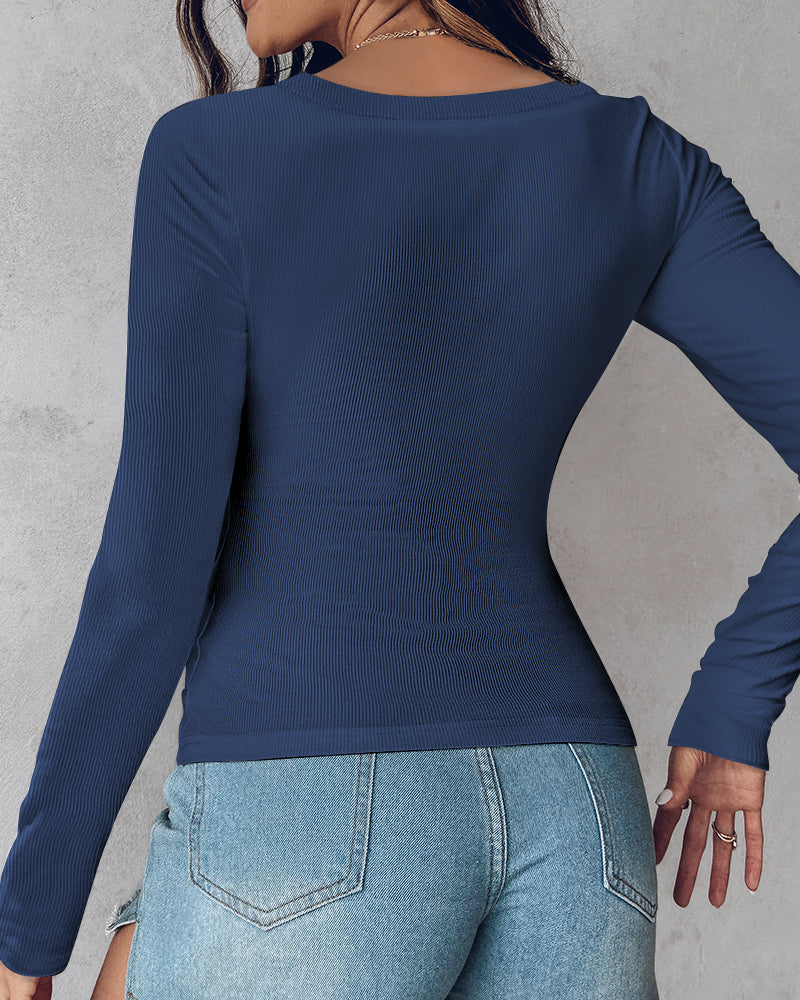 ChicMe Built-in Bra U-Neck Long Sleeve Ribbed Top