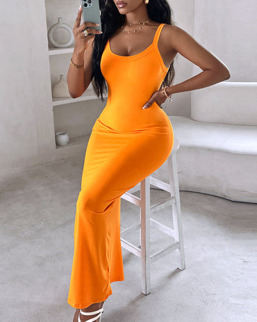 Spaghetti Strap U-Neck Casual Maxi Dress Slim Fit Cami Vacation Dress
