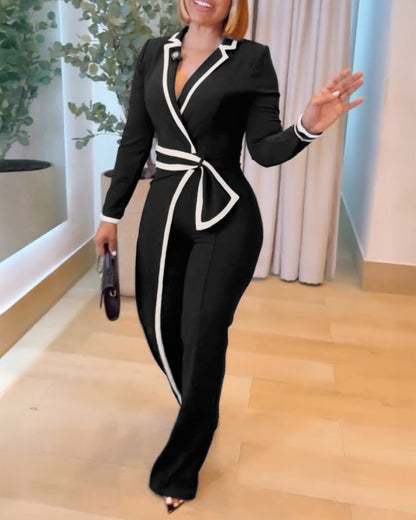 Contrast Paneled Notched Collar Padded shoulders Work Jumpsuit Casual Zipper Back Wrap Front Jumpsuit