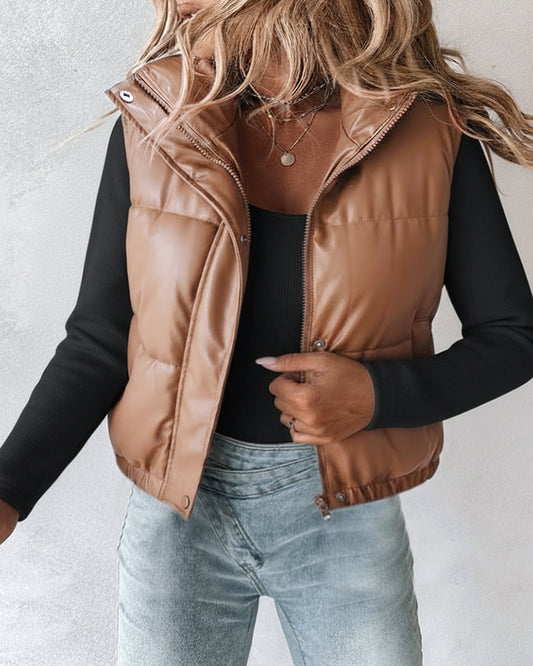 PU Leather High Neck Zip Up Double Snap Buttons Front Vest Casual Stretchy Hem Crop Padded Coat