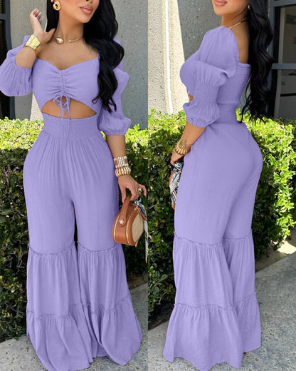 Sweetheart Neck Puff Sleeve Drawstring Front Shirred Overalls Casual Cutout Front Ruffle Hem Wide Leg Jumpsuit