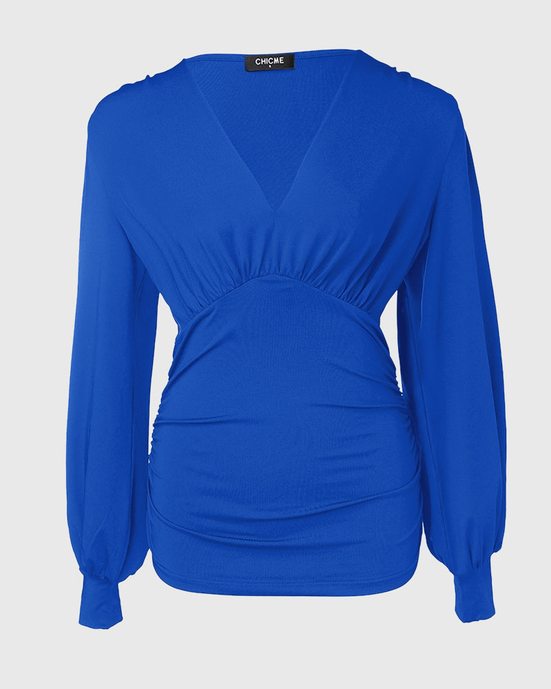 Deep V-Neck Lantern Sleeve Ruched Blouse Casual Slim Fit Top