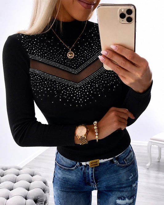 Women's Rhinestone Sheer Mesh Top Mock Neck Long Sleeve Ribbed Knit Top Sparkly Fitted Pullover