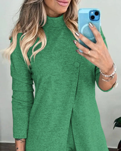 2 Pieces Outfit Mock Neck Long Sleeve Button Decor Slit Mid-Length Top and Stretchy Drawstring High Waist Slim Fit Pants Set