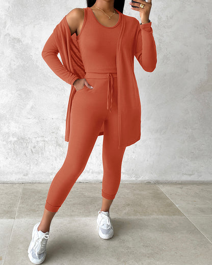 3 Piece Lounge Set Crewneck Sleeveless Tank Top Long Sleeve Open Front Coat Pants Sweatsuit